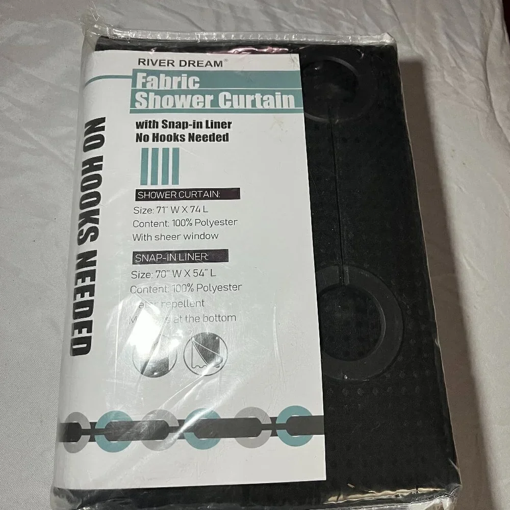River Dream Black Fabric Shower Curtain Set with Snap-In Liner
